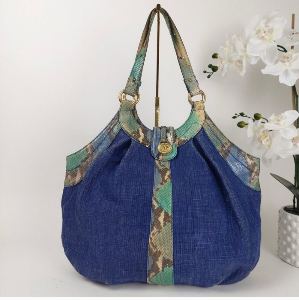 BRAHMIN Vintage Blue Raffia Canvas "Ester" Satchel Bag